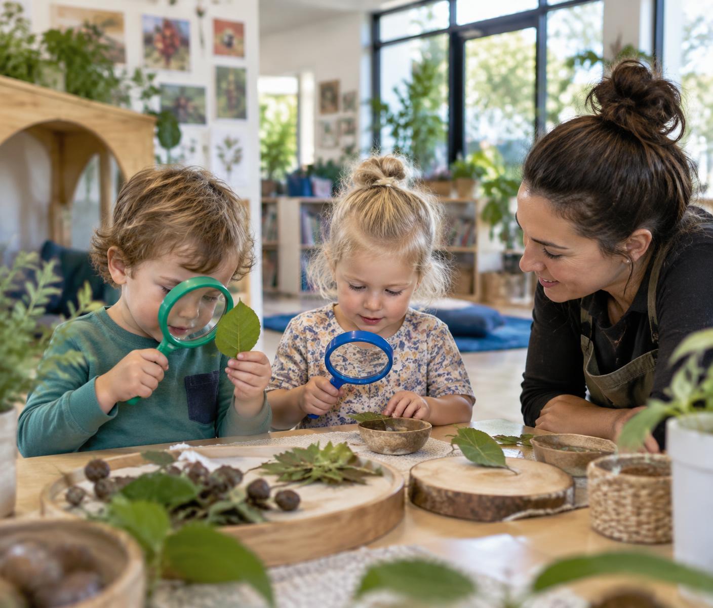 Children investigating leaves with magnifying glasses