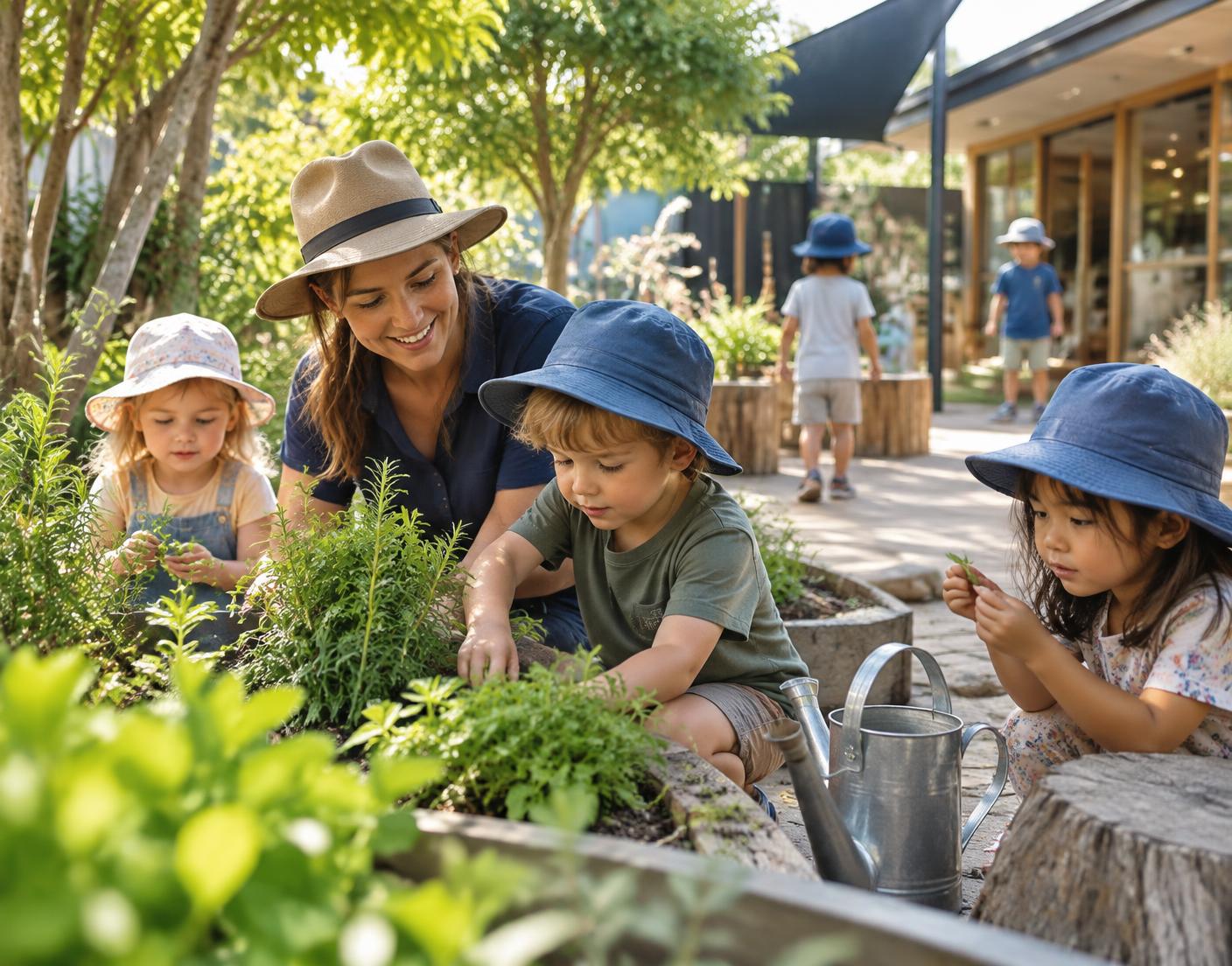 Educator and children learning together in the garden